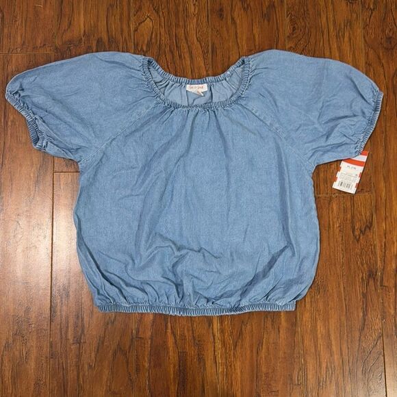 NWT Cat & Jack Size XL (14) Blue Short Sleeve Light Wash Chambray Woven Top - Picture 2 of 6